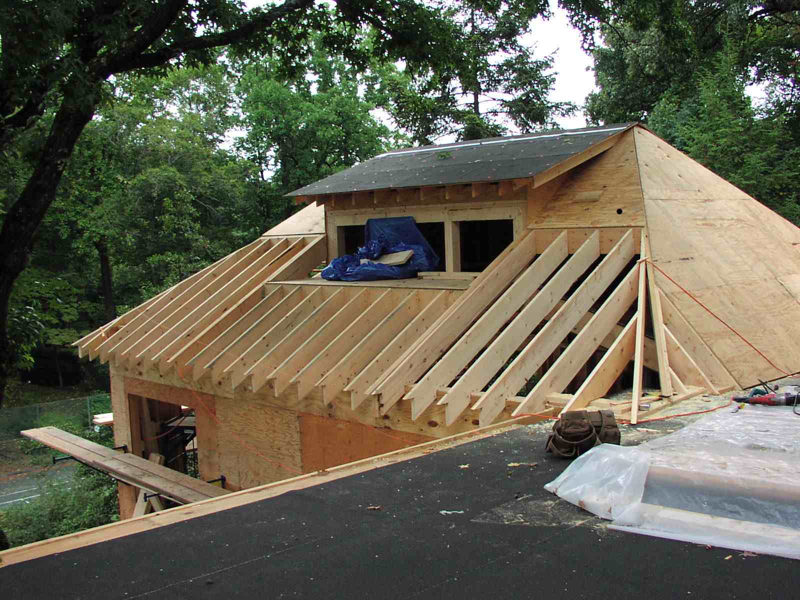 Exterior view of the cupola roof partially framed.